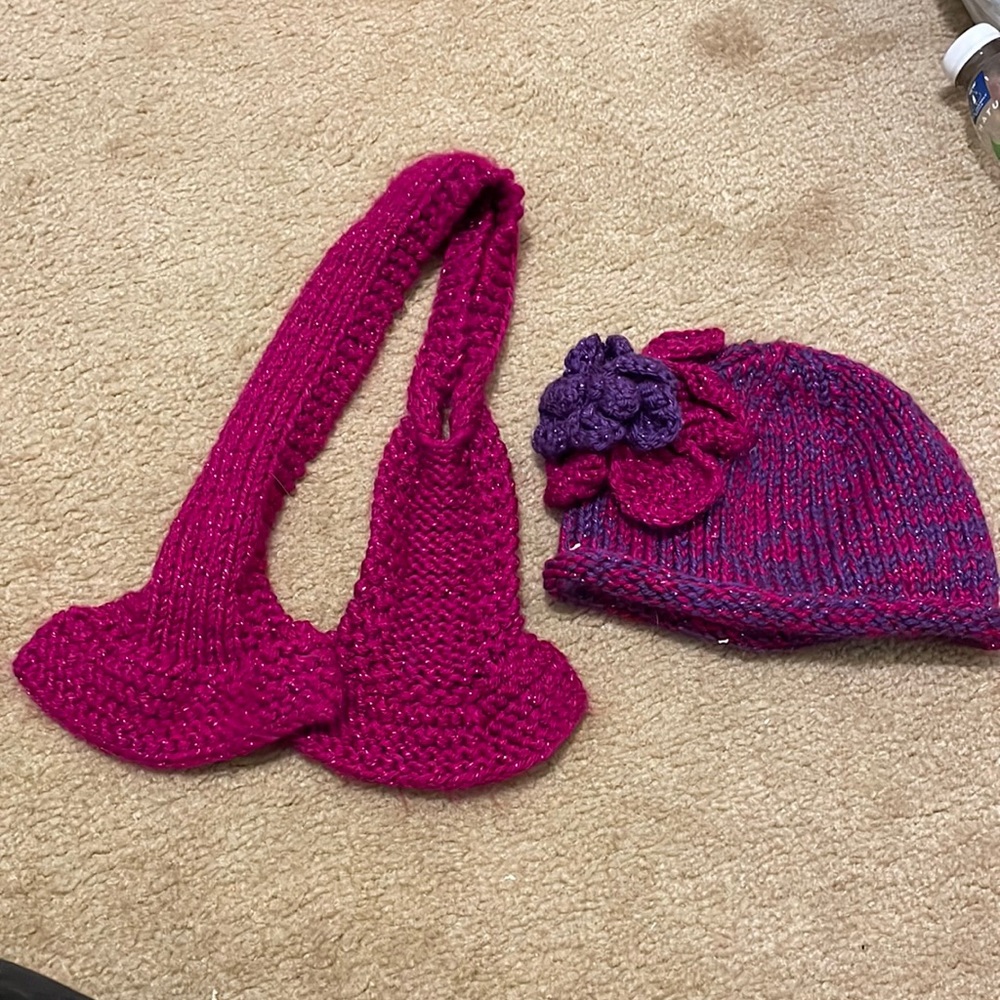 Handmade knitted winter hat and matching scarf for a little girl